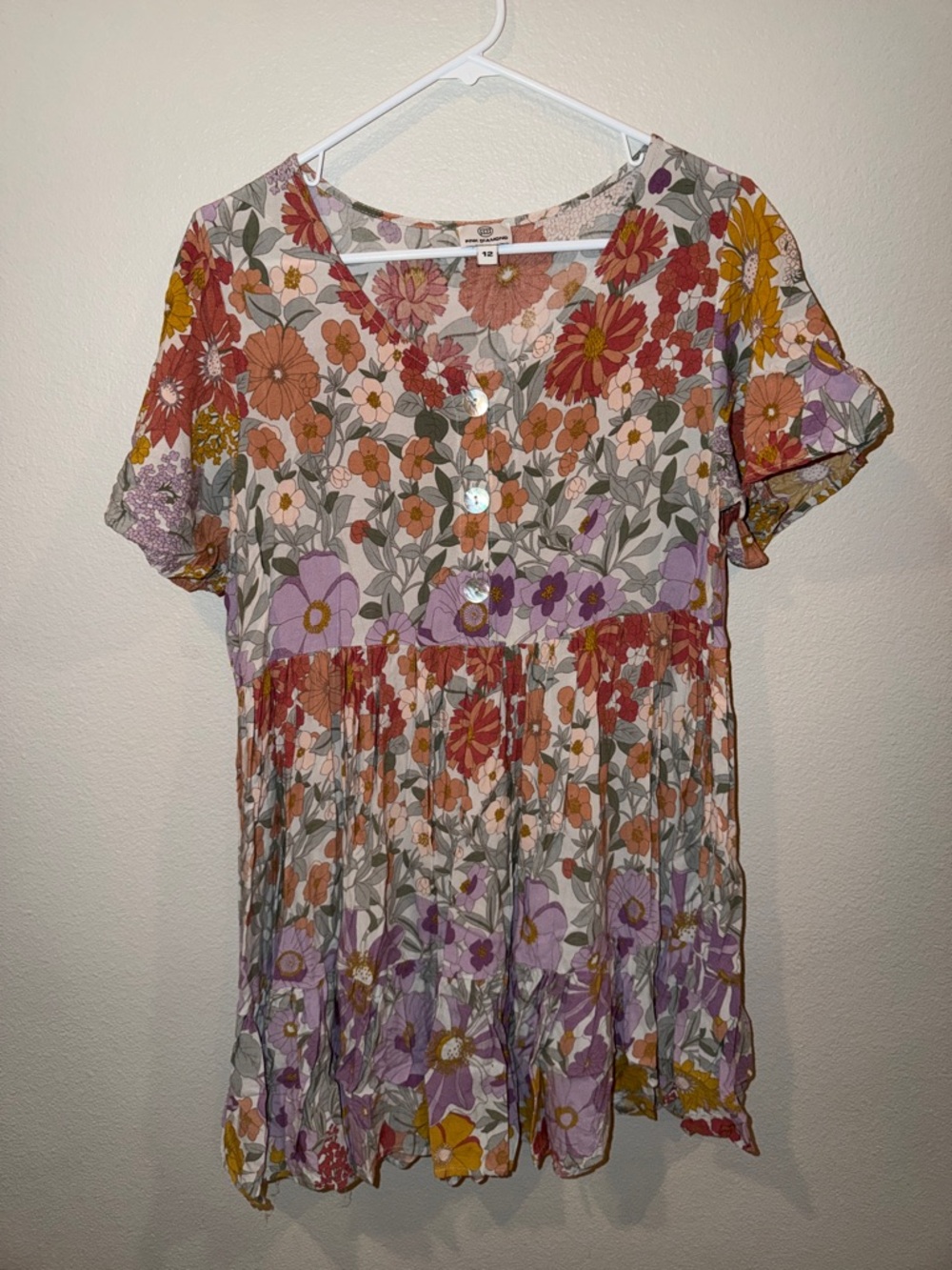 Floral Button-Front Mini Dress in Rust, Lavender & Mustard